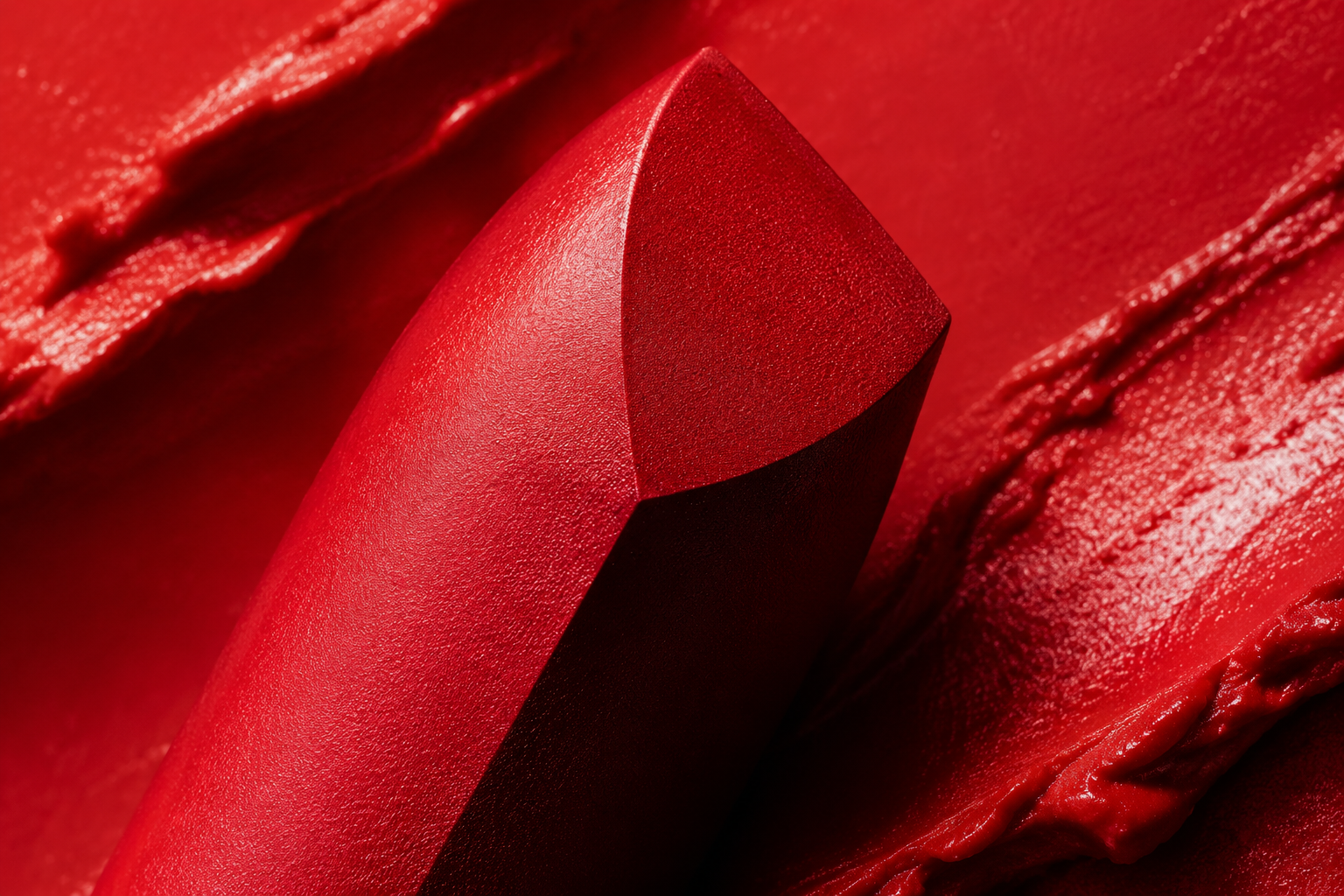 Macro cutaway of rich crimson lipstick and saturated pigment swatch texture