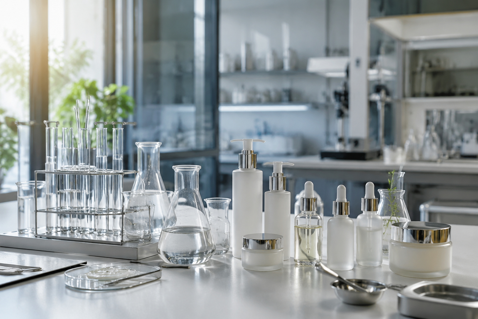 Modern cosmetic formulation laboratory with glassware, pipettes, and skincare bottles in clean ambient light