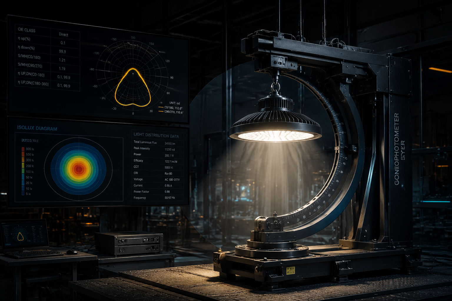 Precision goniophotometer optical dark room testing industrial LED luminaire beam distribution and photometric curve