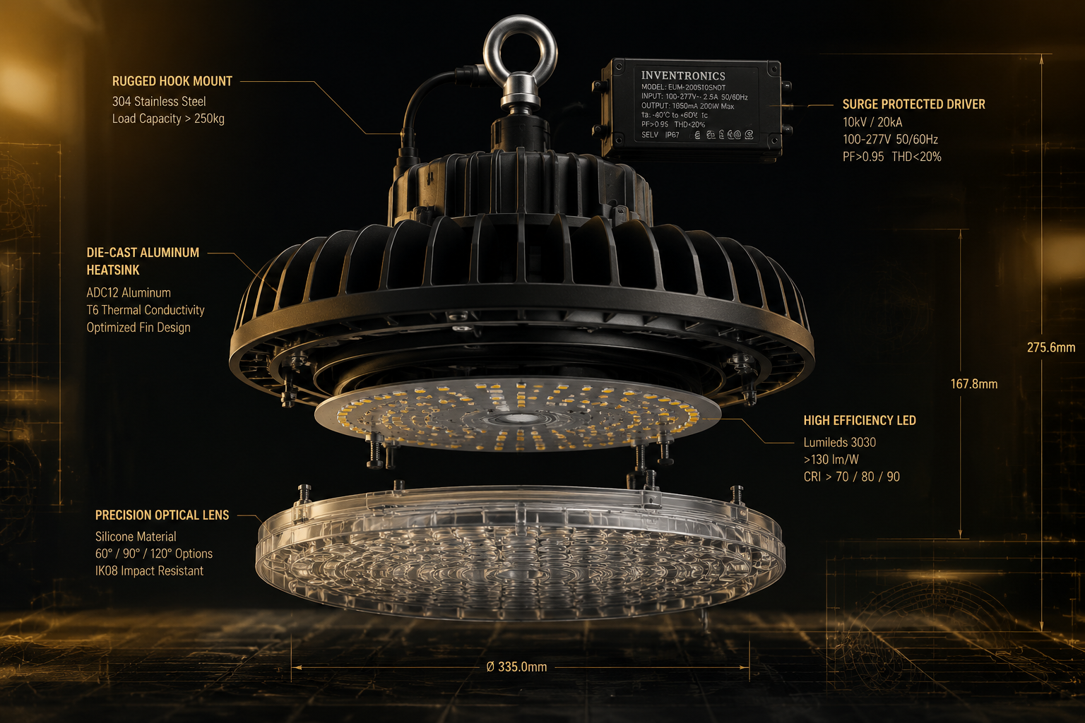 Exploded technical view of industrial LED high bay fixture showing die-cast aluminum heat sink cooling fins, LED driver, and optical prismatic lens