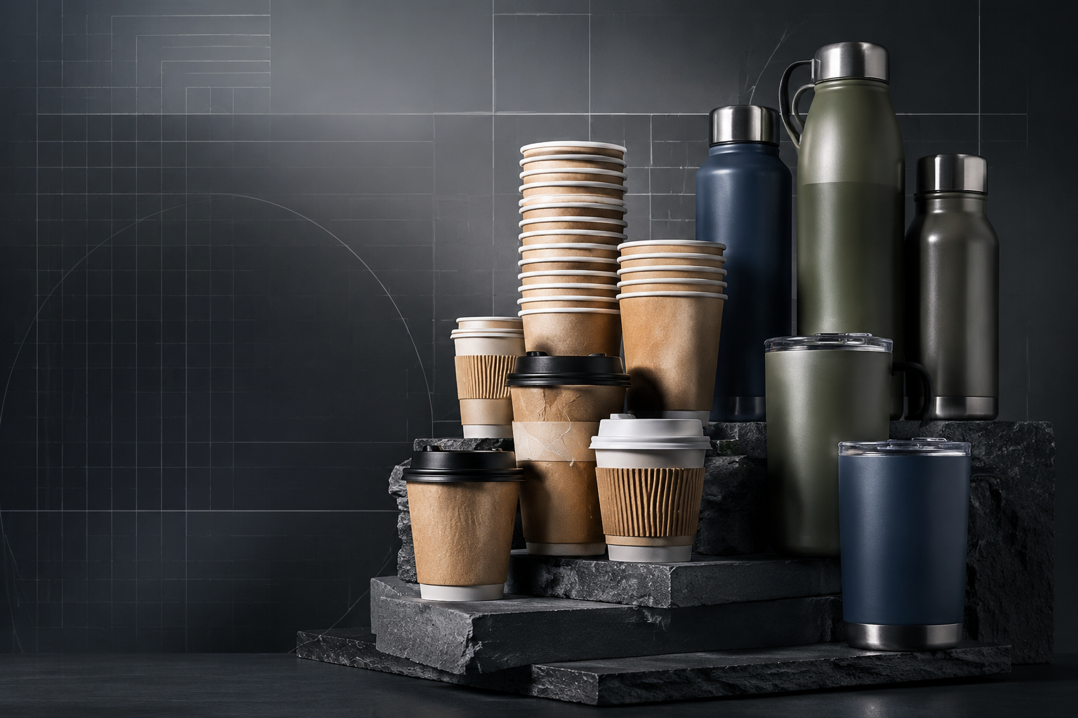Modern industrial drinkware collection with precision eco paper cups and stainless steel vacuum insulated flasks in a clean studio setting